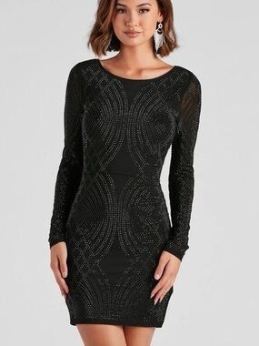 Windsor Black Long-Sleeve Beaded Bodycon Dress